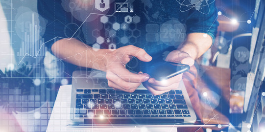 Digital work Collage of someone in front of a laptop typing on a mobile.