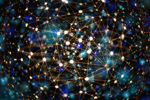 Network White, light blue and dark blue dots on black background connected with golden lines.