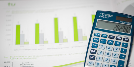 Statistics sheets with calculator A worksheet with diagrams in green bars and a calculator on the right.